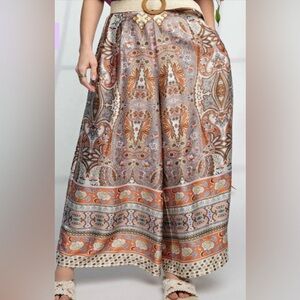 Muy Muy Sea Breeze Satin Print Wide Leg pants  Coral multi Size L Flowy